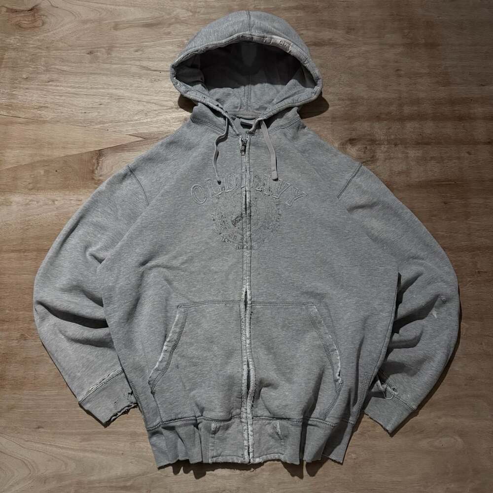 Vintage Old Navy Gray Distressed Zip Up Hoodie XL Grunge Thrashed